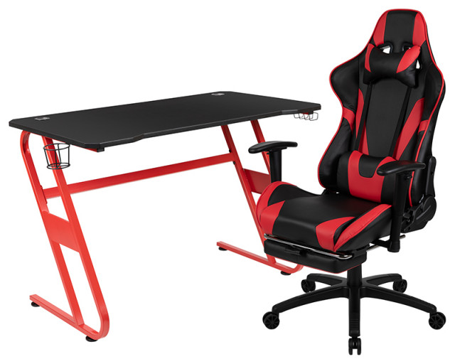 Red Gaming Desk & Footrest Reclining Gaming Chair Set w/Cup Holder