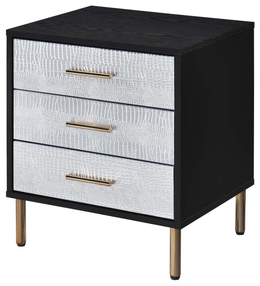 Black and Silver Nightstand With 3 Drawers, Gold Finish Midcentury