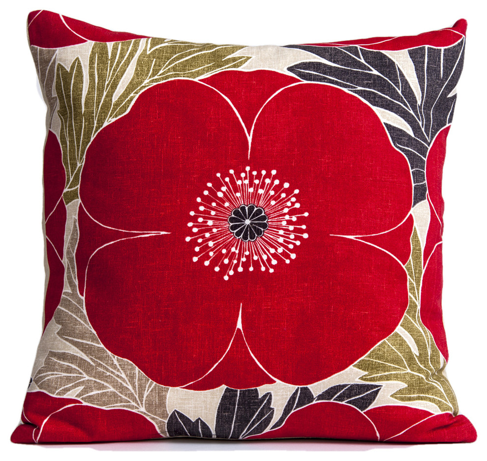 Red poppy pillow cover, Designer pillow cover, Harlequin fabric, 16x16