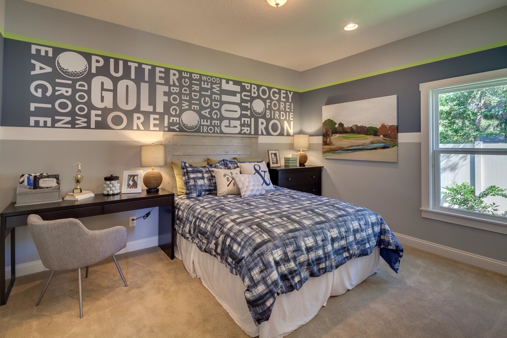 Inspiration for a mid-sized transitional boy carpeted kids' room remodel in Jacksonville with gray walls