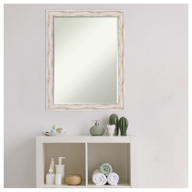 Alexandria White Wash Narrow Petite Bevel Wood Bathroom Wall Mirror 21 ...
