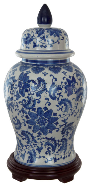 18" Floral Blue and White Porcelain Temple Jar