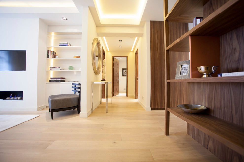 Photo of a mid-sized contemporary hallway in London with beige walls and light hardwood floors.