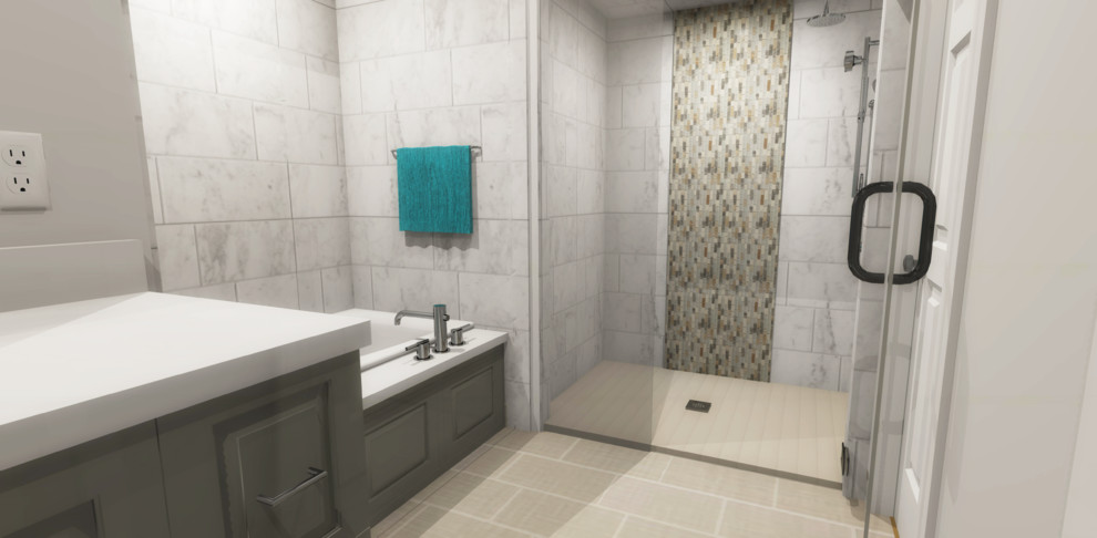 Alcove bathtub - small transitional master white tile and porcelain tile porcelain tile and beige floor alcove bathtub idea with raised-panel cabinets, gray cabinets, a two-piece toilet, white walls, an undermount sink, quartzite countertops, a hinged shower door and white countertops