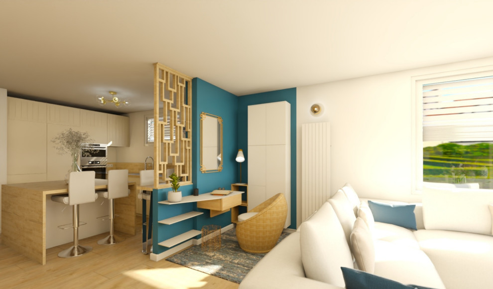 Idee per un grande soggiorno design aperto con libreria, pareti blu, pavimento in legno massello medio, nessun camino, TV a parete, pavimento marrone e carta da parati