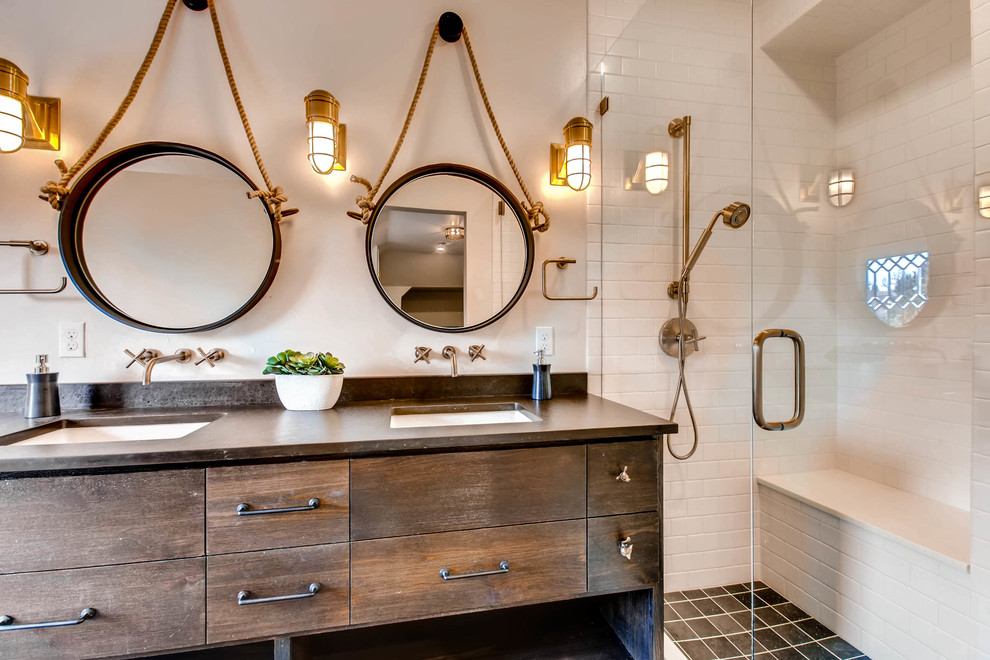 This is an example of a mid-sized transitional kids bathroom in Denver with furniture-like cabinets, dark wood cabinets, an open shower, white tile, ceramic tile, grey walls, ceramic floors, an undermount sink, grey floor and a hinged shower door.
