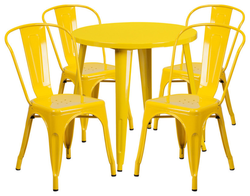 Commercial Grade 30" Round Yellow Metal Indoor-Outdoor Table Set, 4 Cafe Chairs