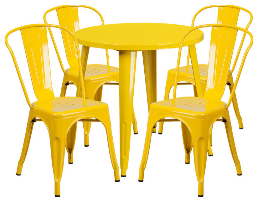 Commercial Grade 30" Round Yellow Metal IndoorOutdoor Table Set, 4
