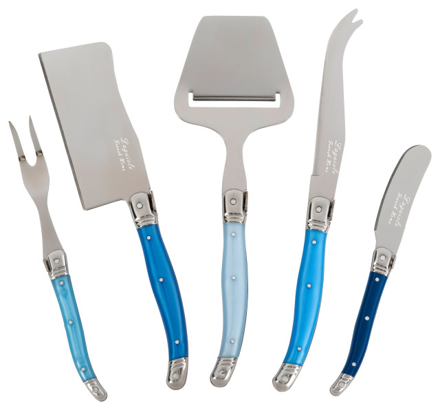 French Home Laguiole 5 Piece Cheese Knife, Fork and Slicer Set, "Shades of Blue"