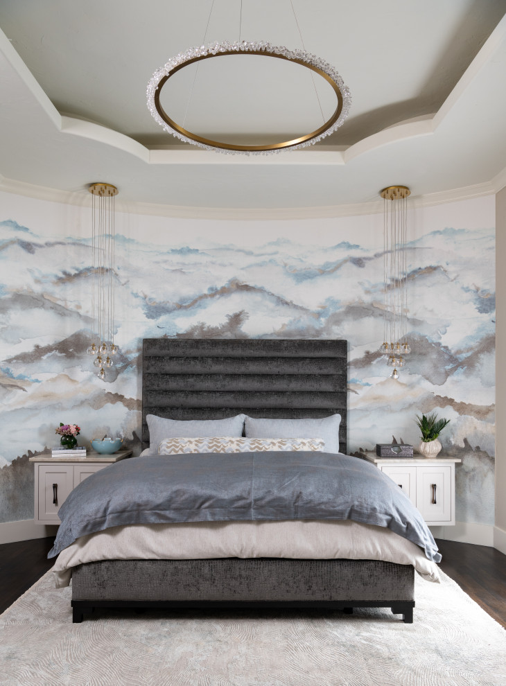 Bedroom - large transitional master dark wood floor, brown floor, tray ceiling and wallpaper bedroom idea in Dallas