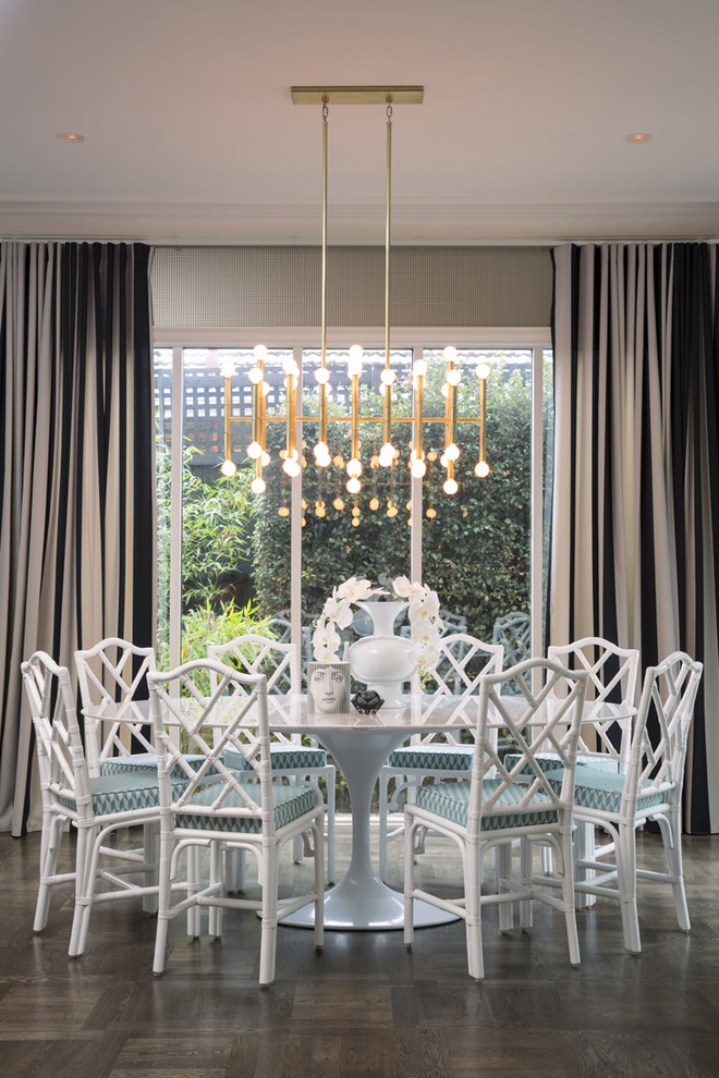 Large contemporary open plan dining in Melbourne with beige walls, dark hardwood floors, no fireplace and brown floor.