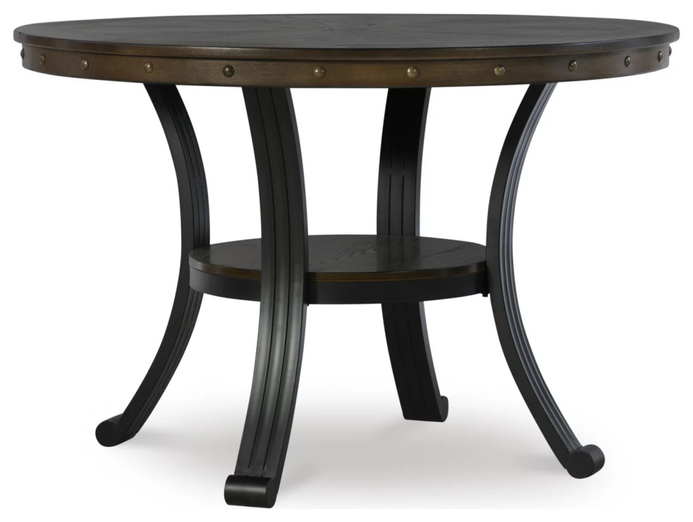 Rustic Dining Table, Metal Legs With Round Top & Lower Open Shelf
