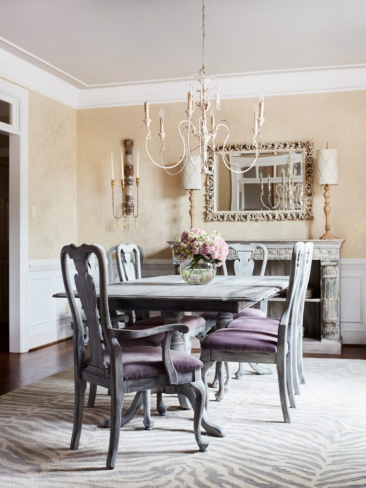 Dining room - french country dark wood floor and brown floor dining room idea in Richmond with beige walls