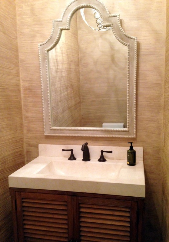 Example of a small transitional dark wood floor bathroom design in DC Metro with an integrated sink, furniture-like cabinets, medium tone wood cabinets, marble countertops, a one-piece toilet and beige walls