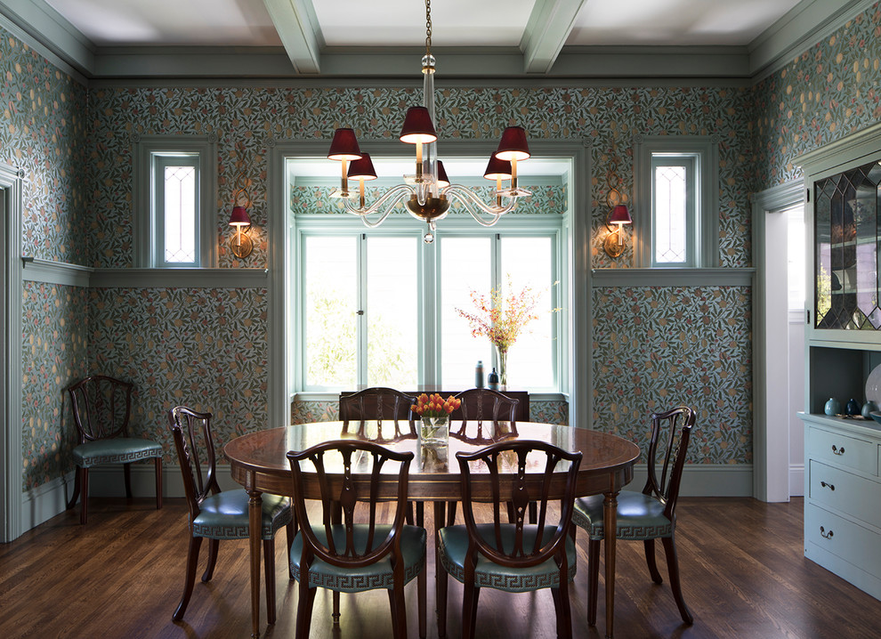 Inspiration for a large traditional separate dining room in San Francisco with multi-coloured walls, dark hardwood floors, no fireplace and brown floor.