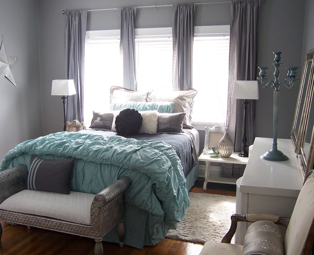 gray and aqua glitzy master bedroom - contemporary - bedroom - grand