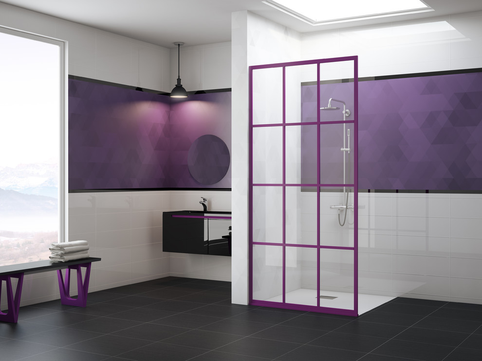 This is an example of a mid-sized eclectic master wet room bathroom in Miami with flat-panel cabinets, white tile, ceramic tile, purple walls, ceramic floors, a drop-in sink, marble benchtops, black floor and an open shower.