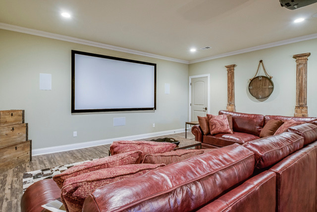 Design ideas for a large traditional enclosed home theatre in Louisville with medium hardwood floors.