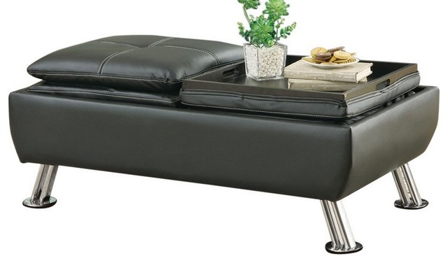 Leatherette Storage Ottoman With Reversible Tray Tops Contemporary Leatherette Storage Ottoman With Reversible Tray Tops Black