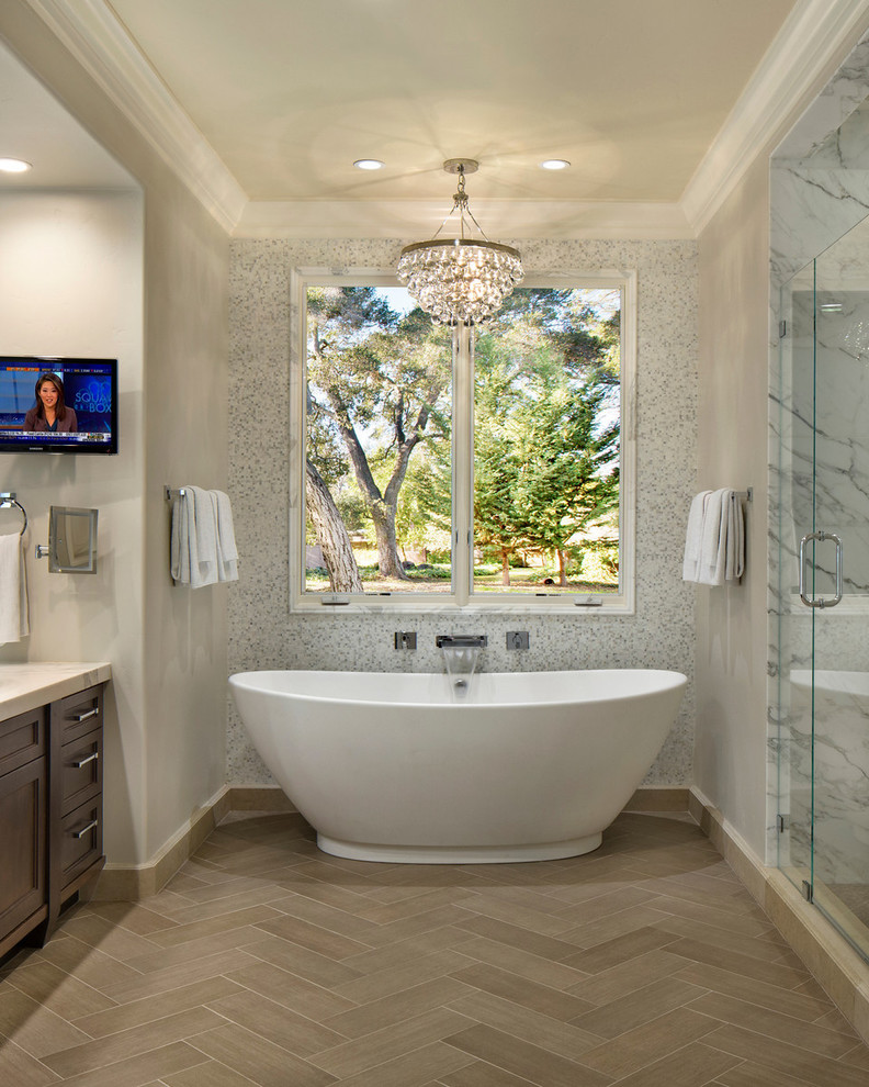 Inspiration for a traditional bathroom in San Francisco with a freestanding tub.