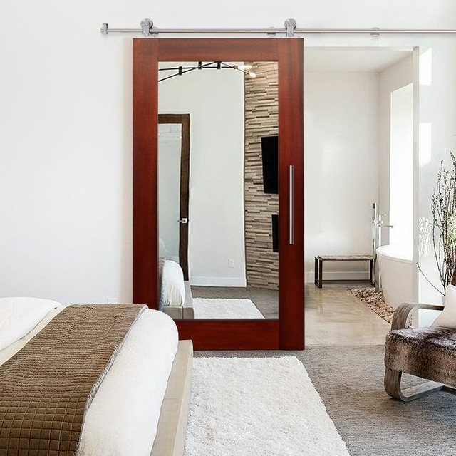 Solid Mahogany Sliding Barn Door with Mirror Insert Transitional