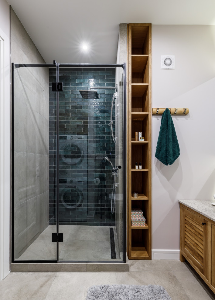 Inspiration for a mid-sized contemporary 3/4 bathroom in Saint Petersburg with medium wood cabinets, an alcove shower, green tile, ceramic tile, grey floor, a hinged shower door, grey benchtops, a single vanity and a freestanding vanity.