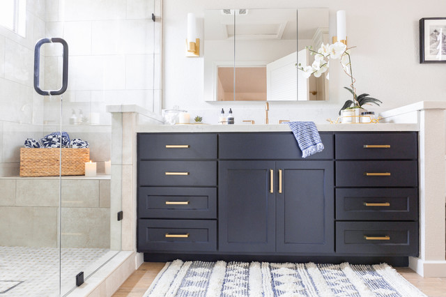Breezy And Open With A Navy Blue Vanity, Blue Bathroom Cabinets