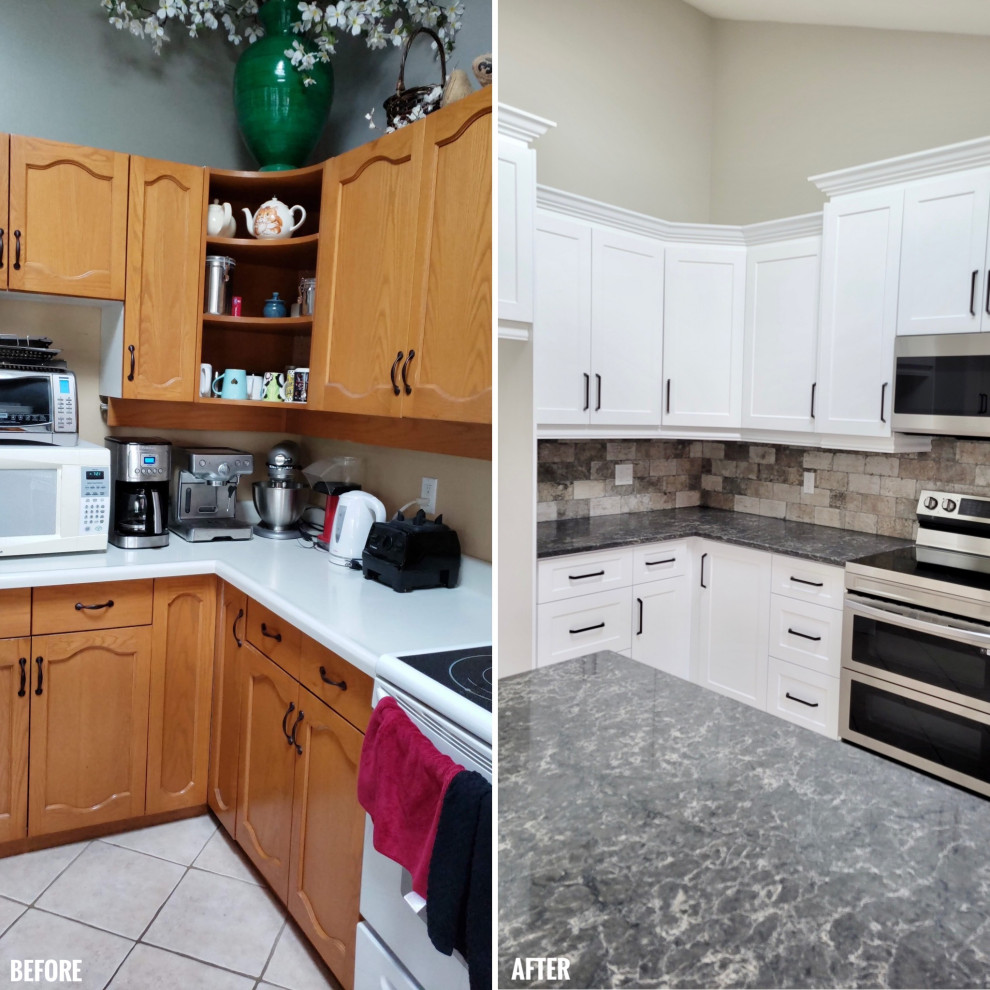 Example of a transitional u-shaped open concept kitchen design with an undermount sink, recessed-panel cabinets, white cabinets, multicolored backsplash, stone tile backsplash, stainless steel appliances and a peninsula