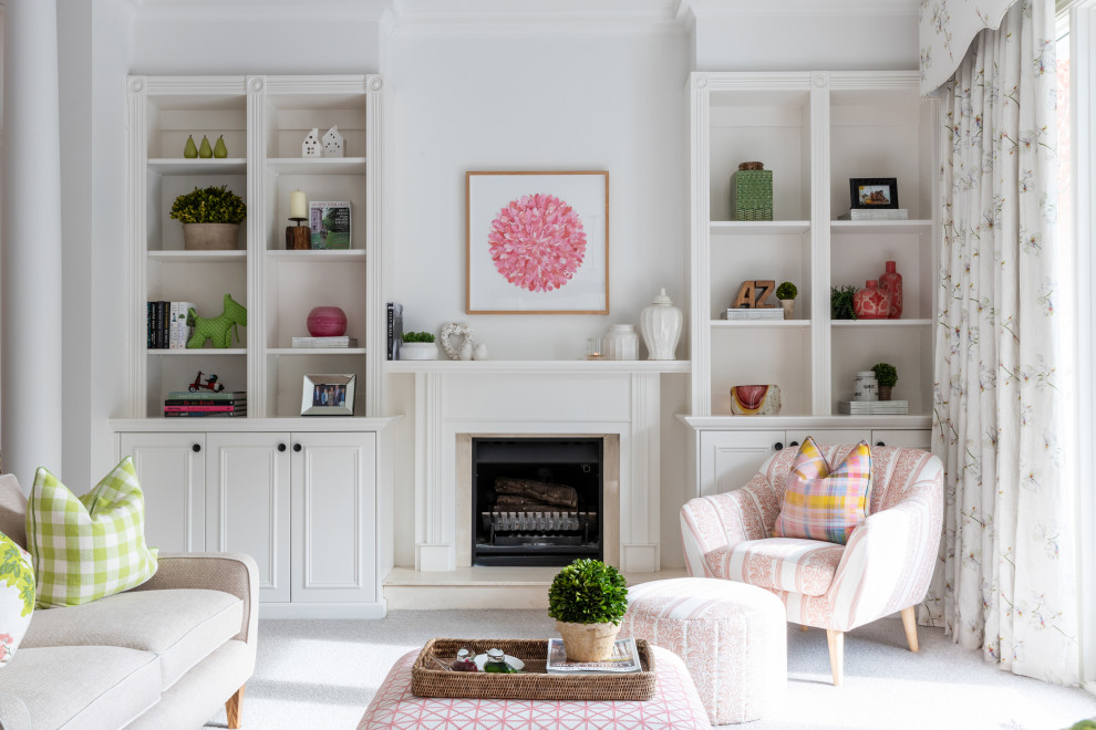 Mid-sized transitional formal open concept living room in Melbourne with white walls, carpet, a standard fireplace, a stone fireplace surround, no tv and grey floor.