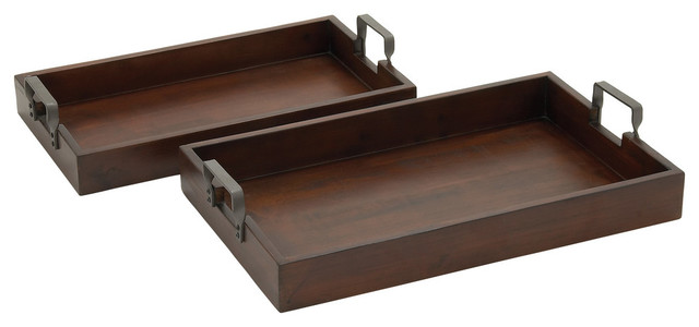 Dark Brown Wood Metal Tray Set Of 2 22 20 W Rustic Serving Dark Brown Wood Metal Tray Set Of 2 22