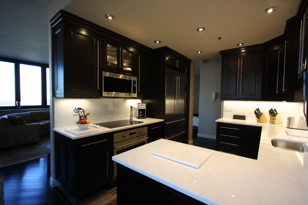 Photo of a small contemporary galley separate kitchen in New York with an undermount sink, recessed-panel cabinets, dark wood cabinets, quartz benchtops, stainless steel appliances and a peninsula.