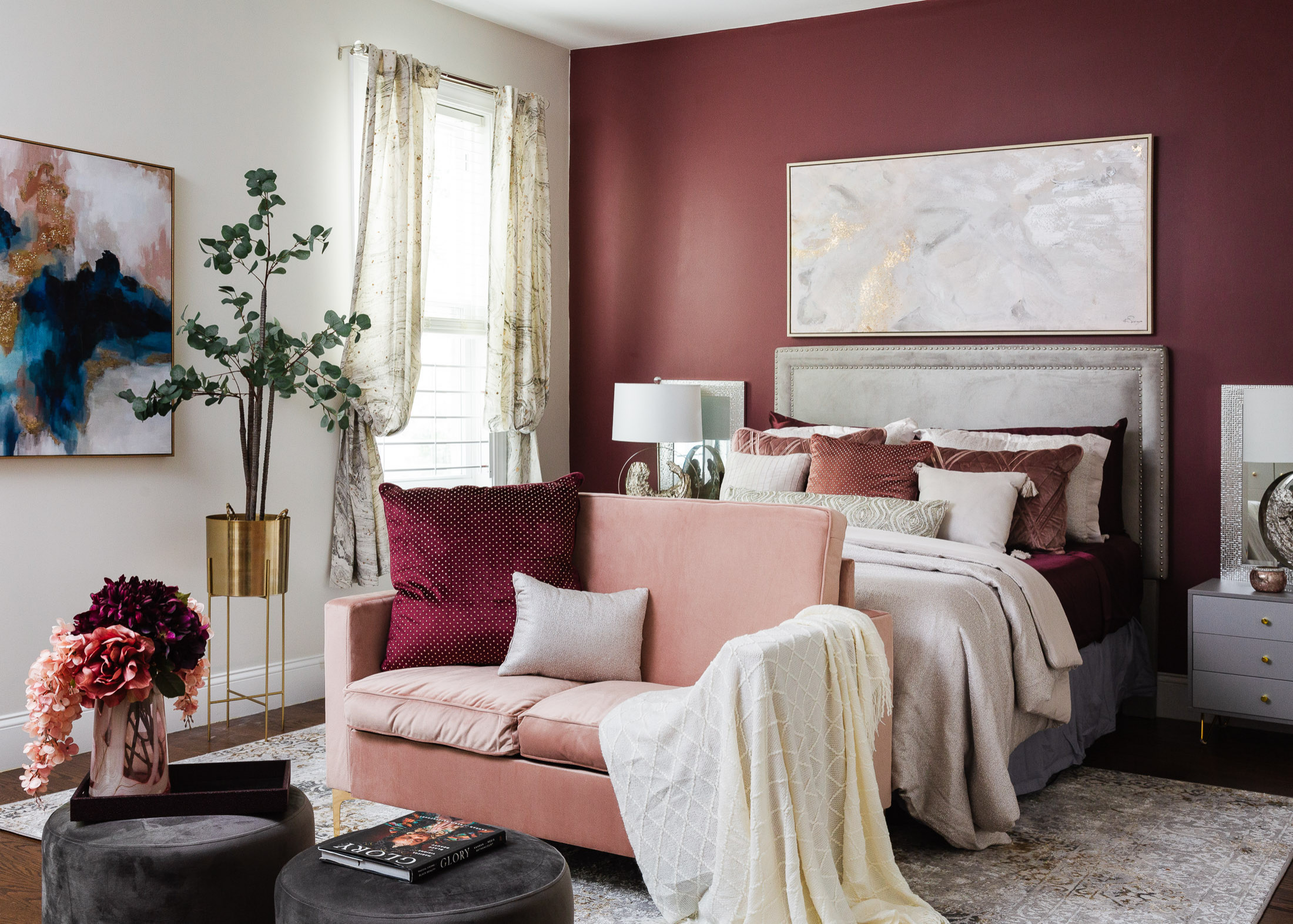 The "Chic Rose Master Suite" was a master bedroom that was for a single mom of twin girls who wanted a space that was her oasis. We created a mature yet elegant design by playing with deep color tones