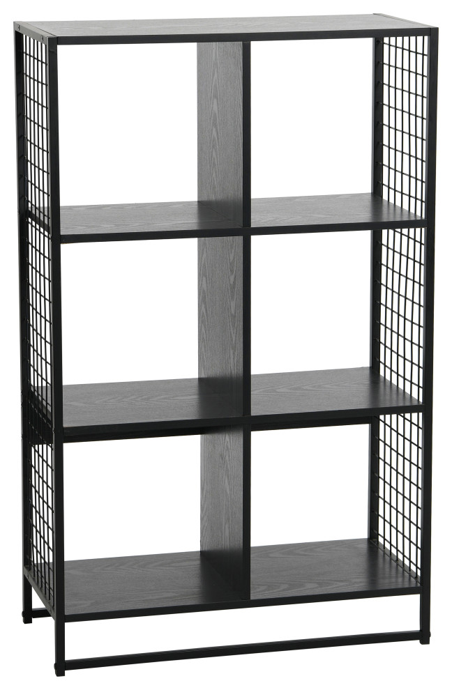 Trellis Open Storage Bookshelf, 6 Cube Black Oak, Black Metal
