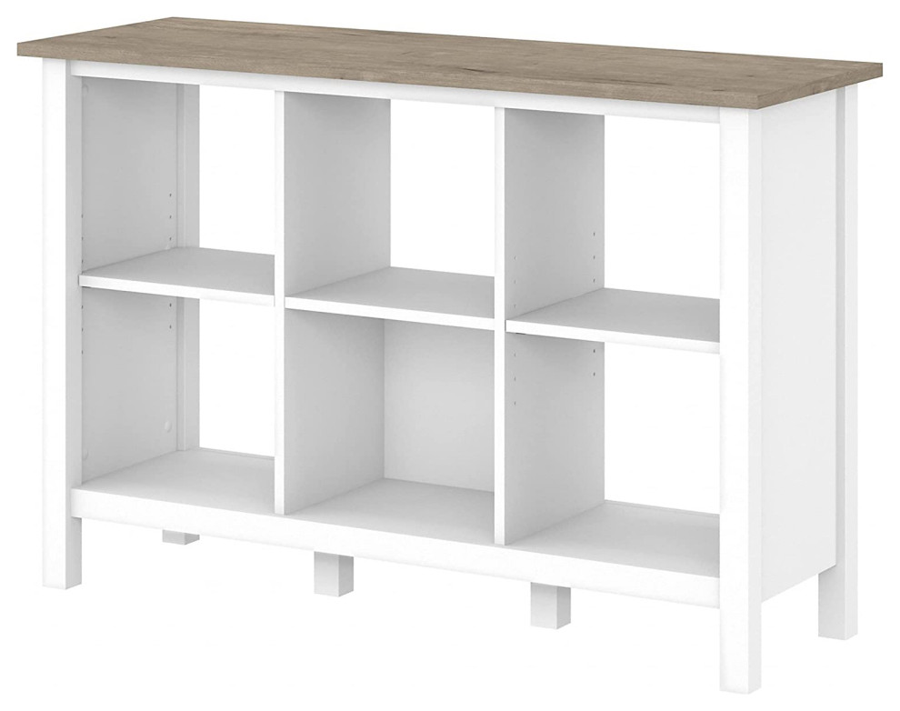 Large Horizontal Bookcase, 6 Open Compartments, Pure White and Shiplap
