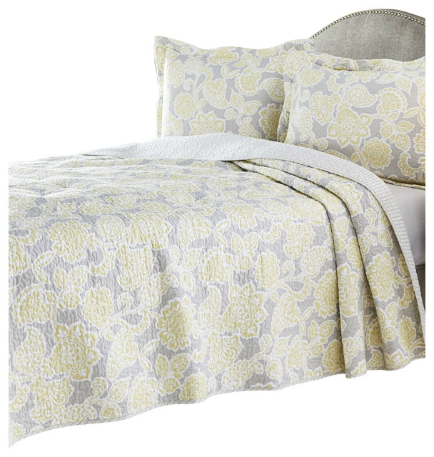 King Yellow Gray Floral 100 Cotton Reversible Quilt Coverlet Set