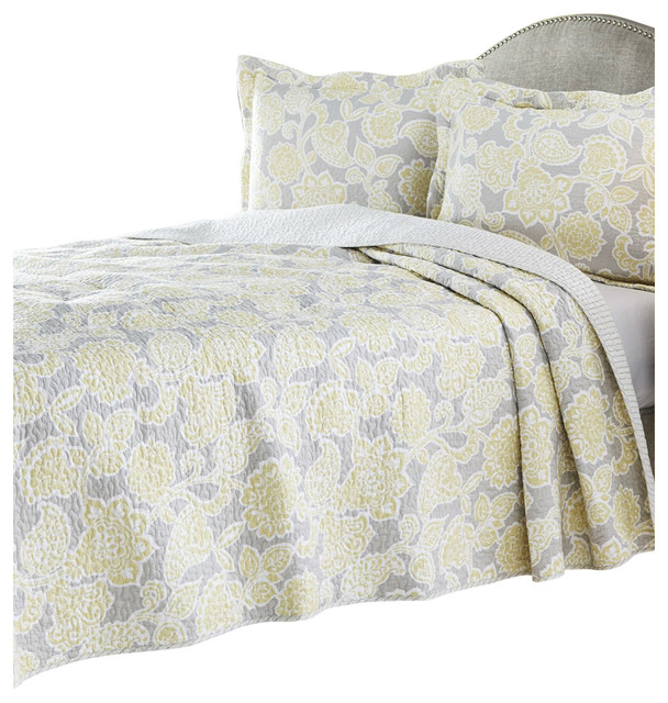 King Yellow Gray Floral 100 Cotton Reversible Quilt Coverlet Set Traditional Quilts And