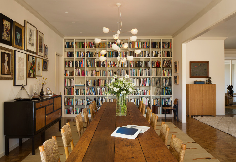 Dining room - cottage dark wood floor and brown floor dining room idea in San Francisco with white walls