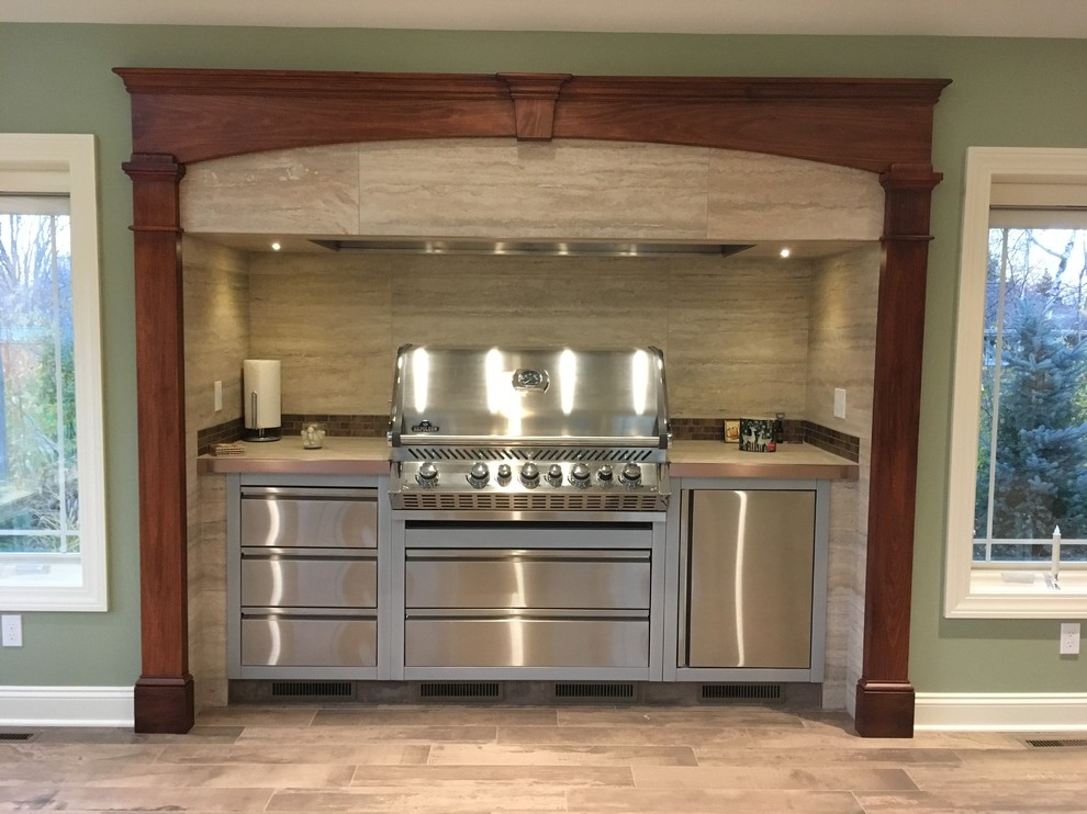 Large transitional porcelain tile home design photo with no fireplace and a standard ceiling