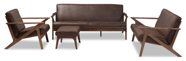 Bianca Mid-Century Modern Distressed Living Room Sofa Set, Dark Brown