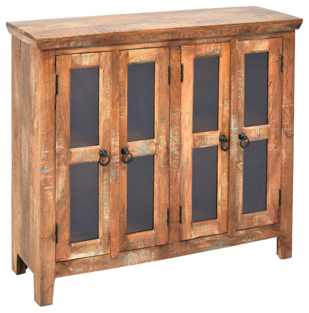 48" Slim Rustic Distressed Wood Windowpane Sideboard Buffet With Glass