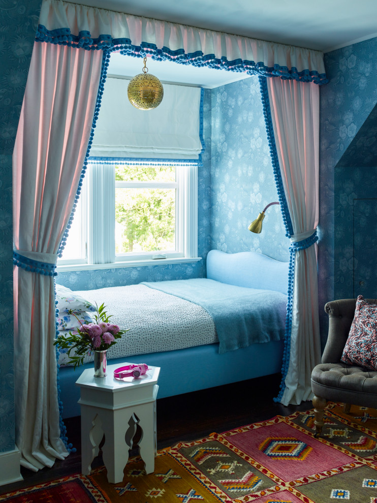 Larchmont Victorian - A beautiful teenage girl's bedroom in the eaves of the attic in our Larchmont Victorian project. Wallpaper is Finnish. Moroccan rug.
