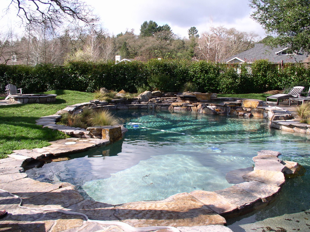 Design ideas for an expansive country backyard custom-shaped natural pool in San Francisco with a hot tub.