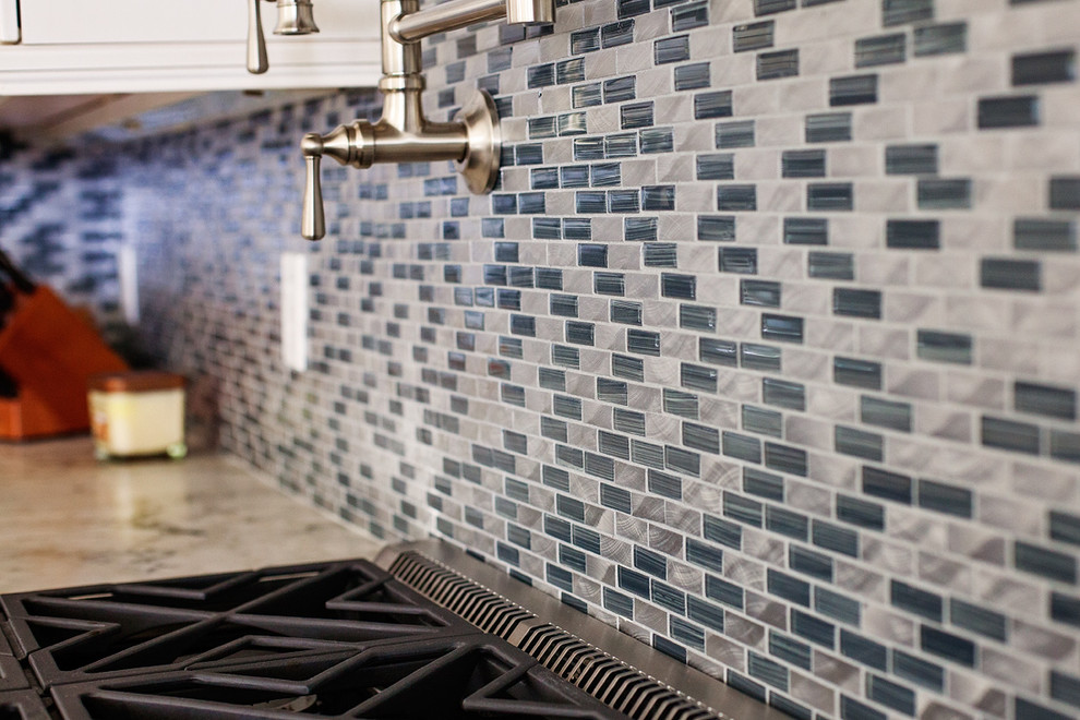 Inspiration for a transitional kitchen remodel in Miami with multicolored backsplash and glass tile backsplash