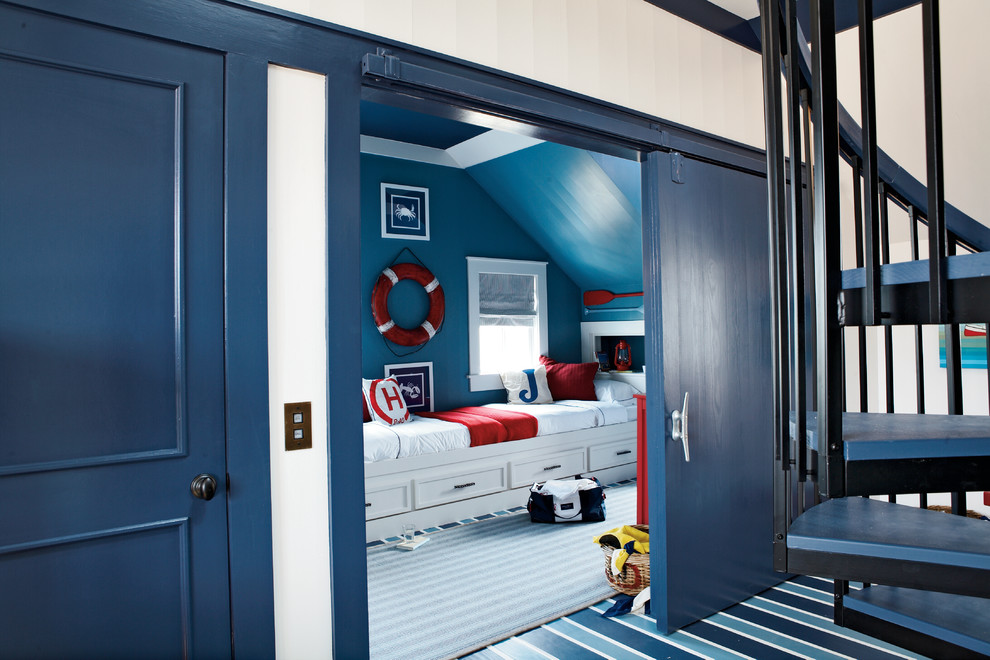 Design ideas for a beach style kids' room for boys in Atlanta with blue floor.