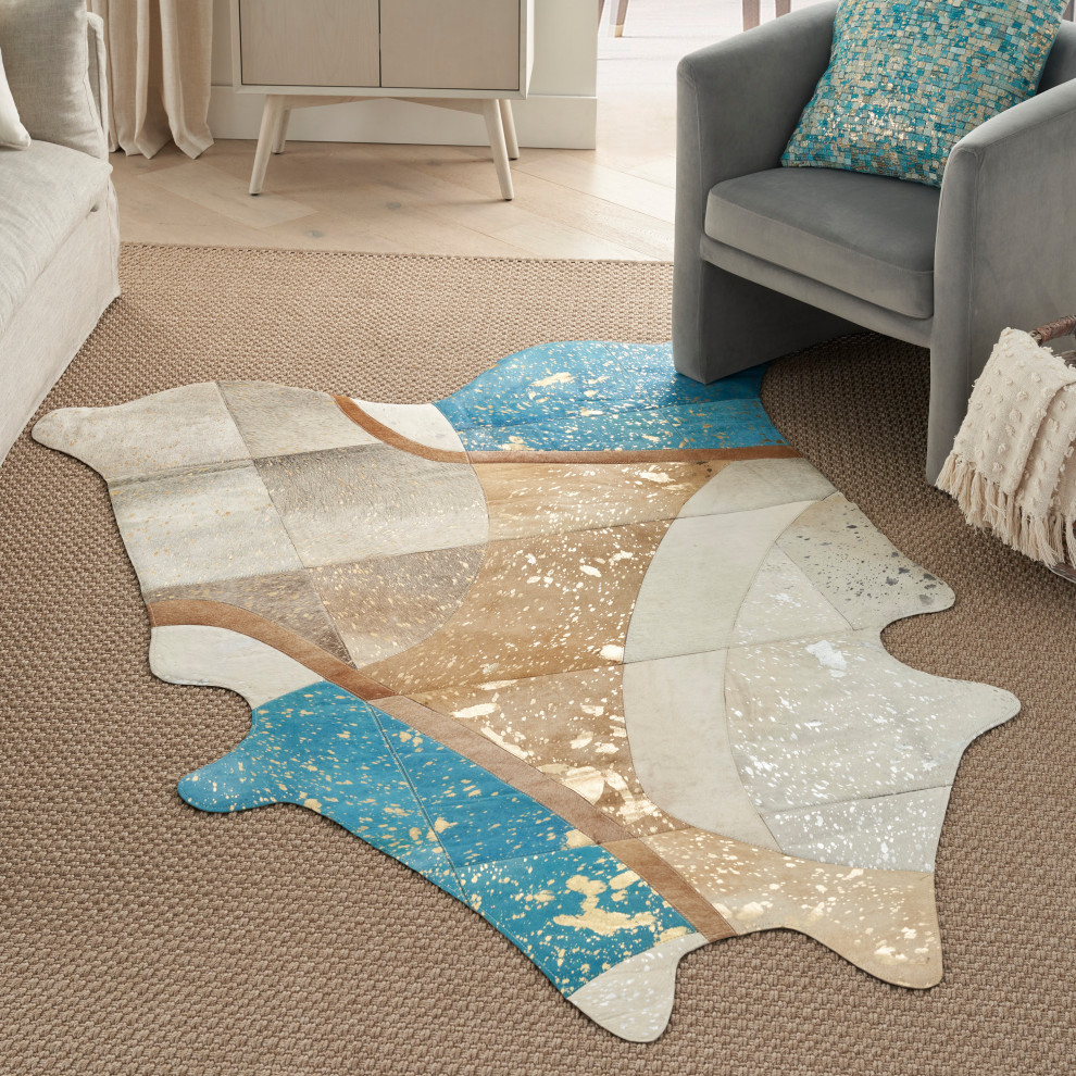 Mina Victory Couture Rug Patchwork Hair On Lt 60"X84" White/Gold Decorative Rug, 60" X 84