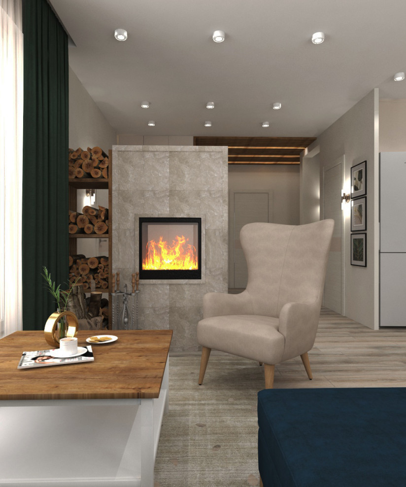 Дизайн кухни-гостиной с тропическими обоями