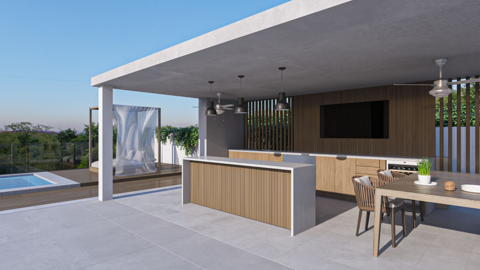 Idée de décoration pour une terrasse arrière bohème avec une cuisine d'été et un gazebo ou pavillon.