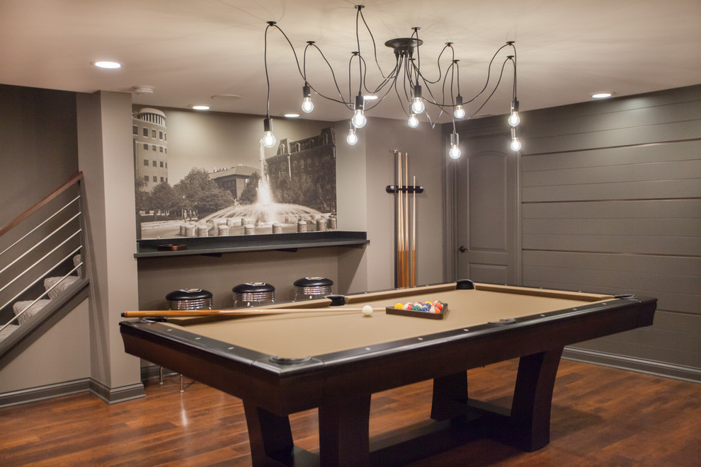 Basement - transitional brown floor and dark wood floor basement idea in Chicago
