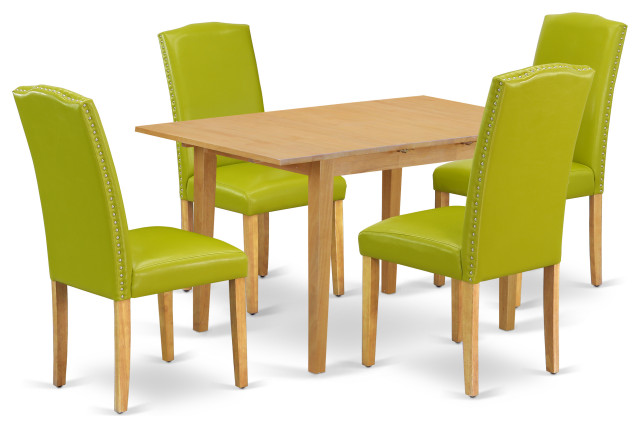5Pc Rectangle 42/53.5" Dinette Table, Four Parson Chair, Pu Leather Green