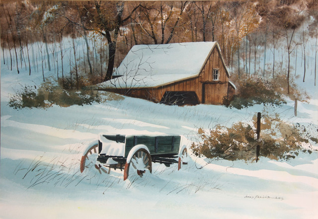 James Feriola, Snowy Barn and Wagon, Watercolor Painting